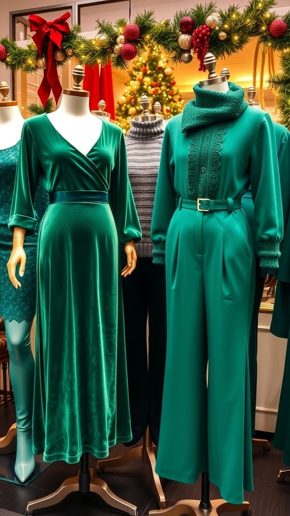 Stylish green Christmas outfits displayed with festive decorations.